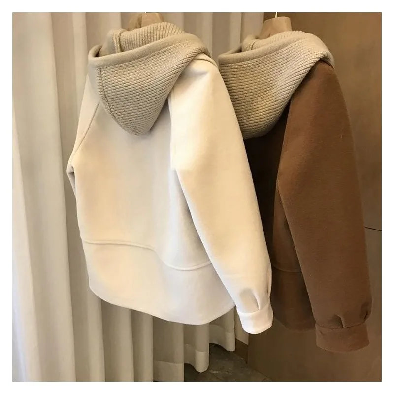 

Men's Thiened Knitted Woolen Coat Autumn Winter Large Size 40 Cotton Inner Fake Two-Piece Jaet Hooded High-End Feeling