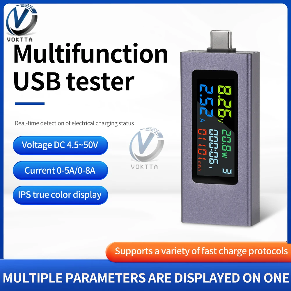 USB Type-C Tester Digital Voltmeter Amperimetro Voltage Current Meter Power Bank Charger Capacity Test Indicator DC 4.5-50V 0-8A