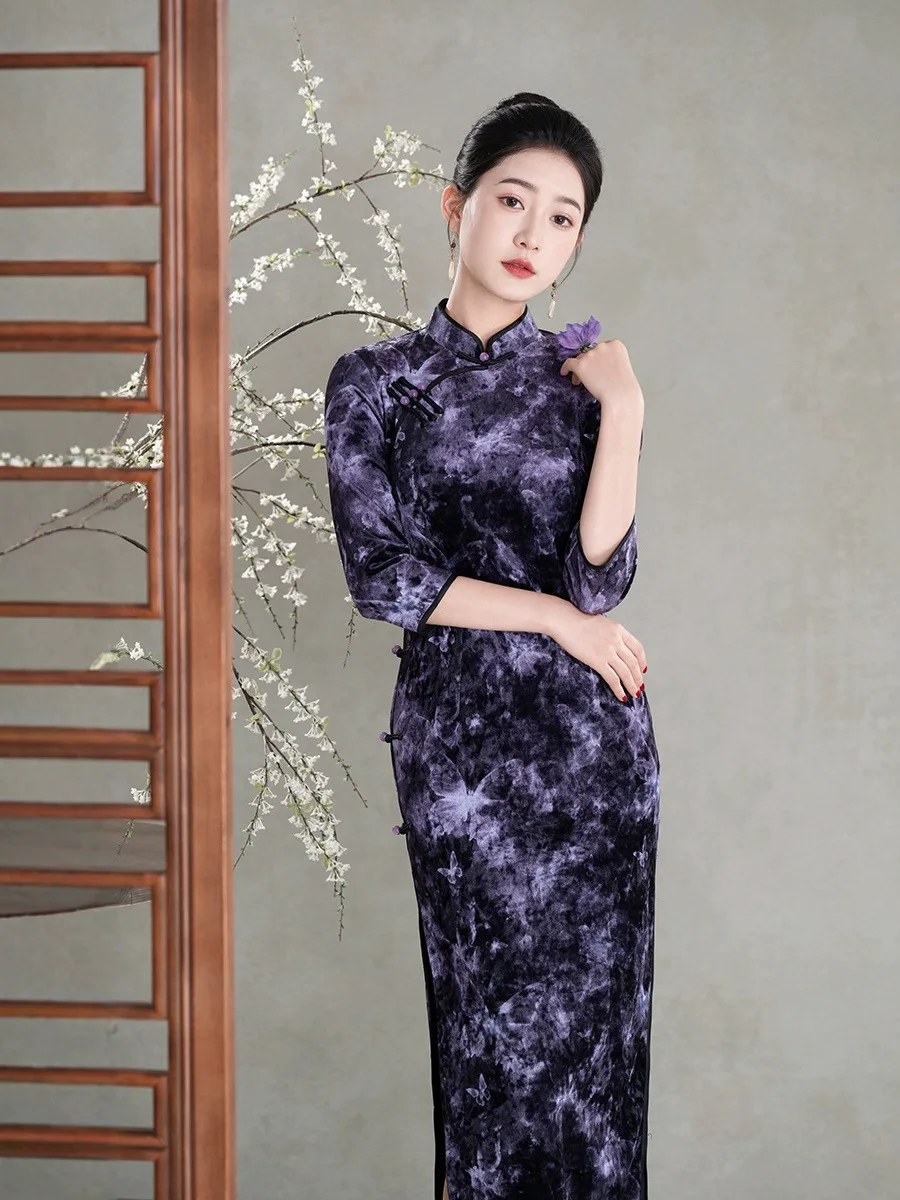 

Elegant Diamond Velvet Long Women's New Chinese Style National Trend Winter Spring Autumn Mom Dress Warmth