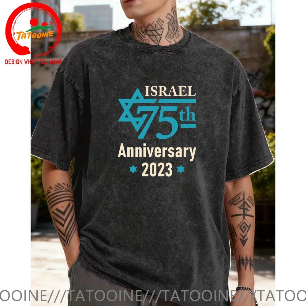 

Vintage Washed Cotton T-Shirt Israel 75th Anniverary T Shirt for Men Fashion Trendy Casual Clothing