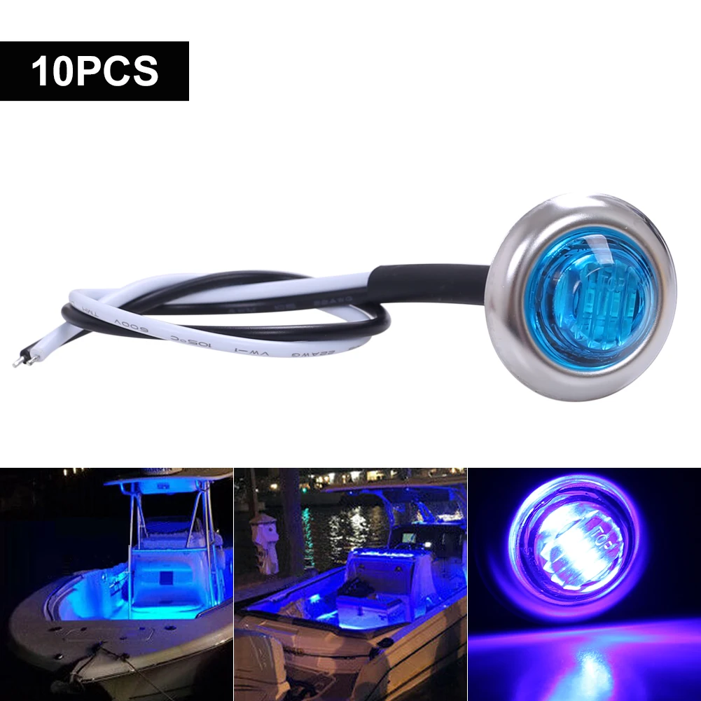 10Pcs 12V Marine Boat Transom LED Stern Light Round White LED Tail Lamp Waterproof IP67 Yacht Side Marker Courtesy Lights Blue