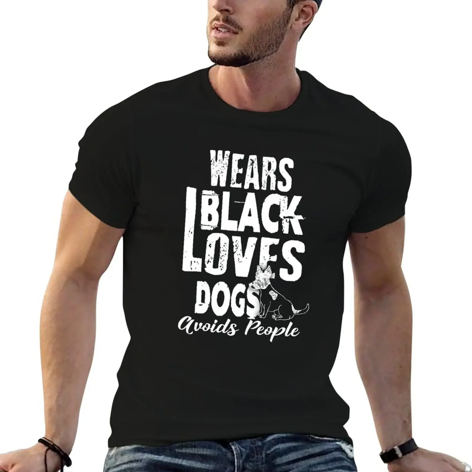 

Wears Black Loves Dogs Avoids People Introvert T-Shirt graphics summer top plus size clothes mens t shirts casual stylish