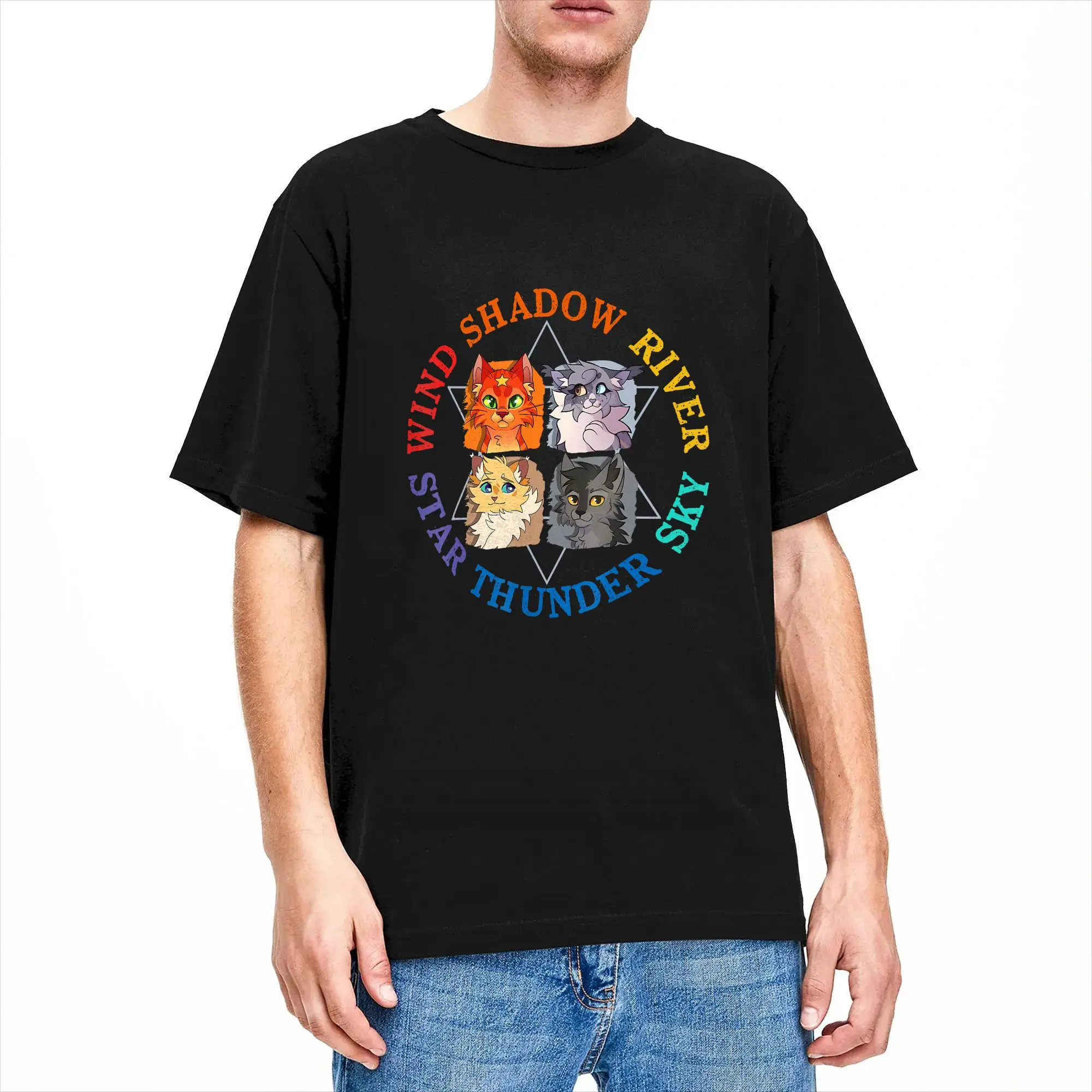 Crazy Wind Shadow River Star Thunder Sky Cat Feline T-Shirts Men Pure Cotton T Shirts Fire Star Cat Short Sleeve Tees Clothing
