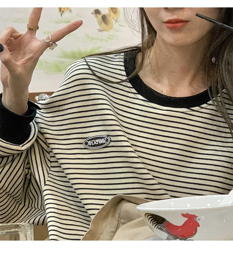 Damen Herbst T-Shirt Winter Studenten-Sweatshirt Gestreiftes Langarm-Oberteil mit Normalen Schultern Neues Rundhals-Langarm-Sweatshirt – Detail 10