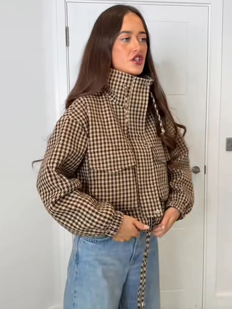 Retro Chic Gingham Check Cropped Jacket Vintage Loose Stylish Women Coats Autumn Street‑style Fashion Classic Outerwear