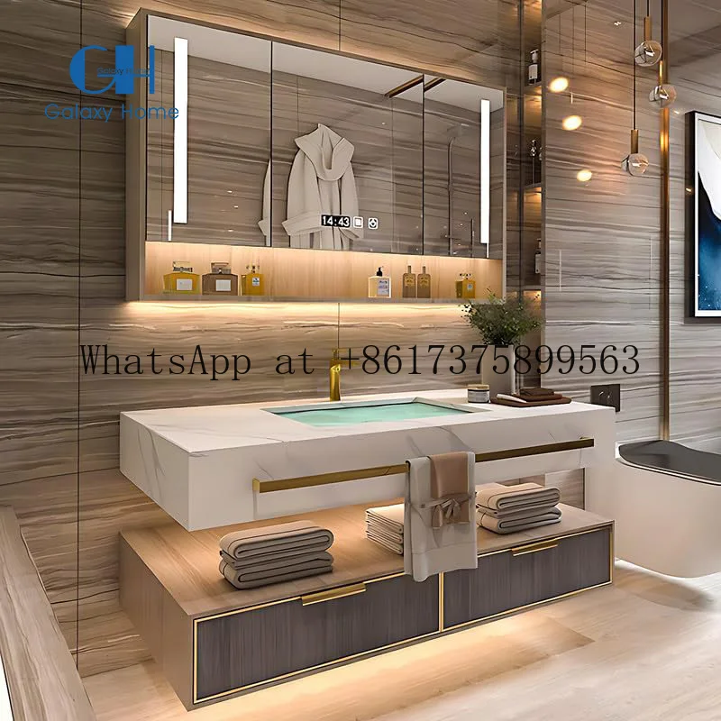 Modern Luxury European Floating Bathroom Vanity Set With LED Mirror Ceramic Basin For Apartments
