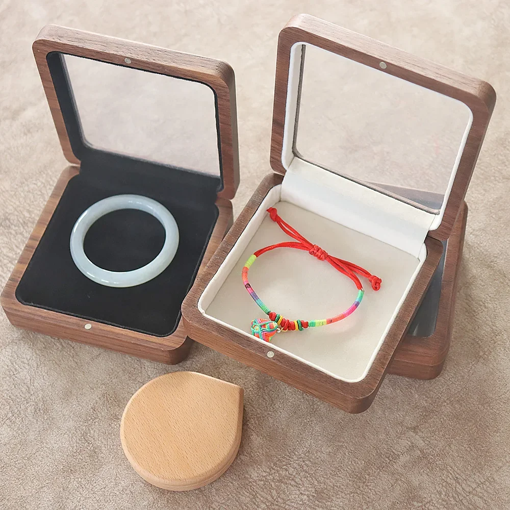 HeMu Wooden Jewelry Box with Clear Window, Magnetic Closure Bracelet Bangle Storage Case, Velvet Lined Gift Box for Jewelry
