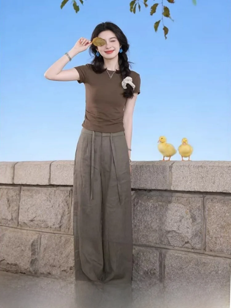 

Fashionable Pure Color Short Sleeve T-Shirt round Neck Inner Wear Casual Top Commute Style High Waist Straight Leg Pants