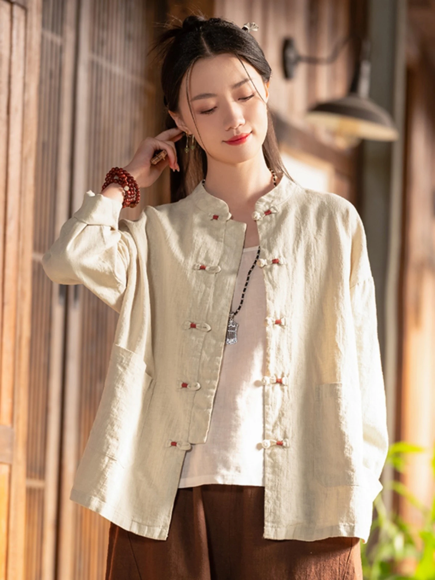 New Chinese Style Women's Spring Autumn Cotton Linen Jacket Stand Collar Button Cardigan Zen Tea Costume Loose Fit Pure Color