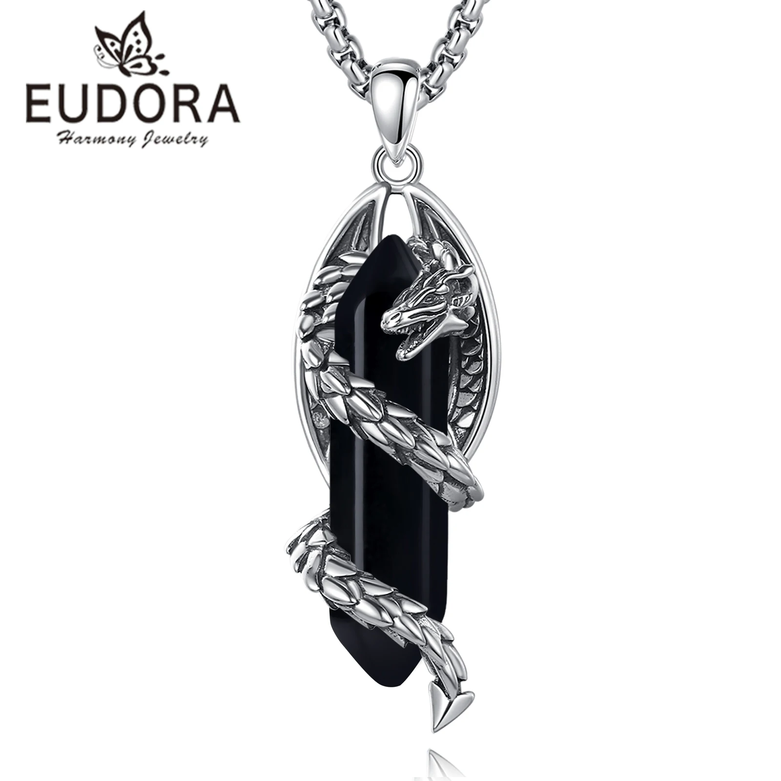 Eudora Dragon Twining Hexagonal Obsidian Prismatic Necklace Energy Natural Healing Stone Crystal Pendant Spiritual Jewelry Gift