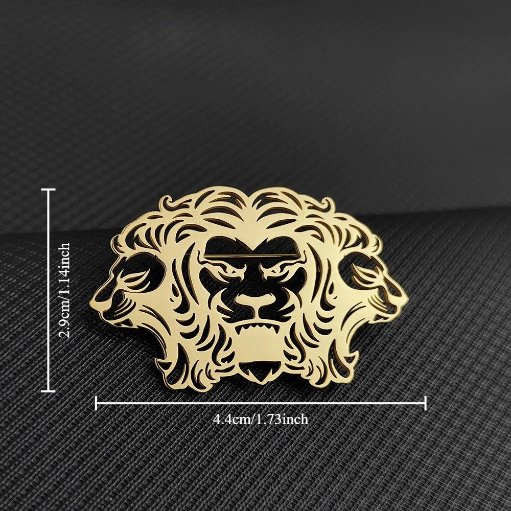 Mighty Lion Head Metal Brooch Hollow Out Three Headed Lion Metal Brooches Clothes Bags Decorative Pins on Banquet Formal Attire