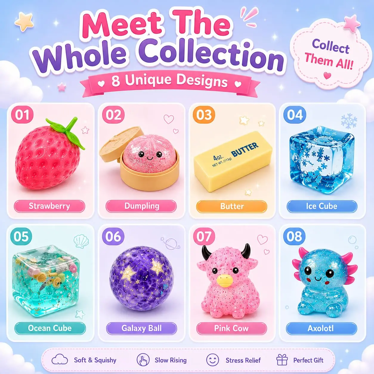 NEW 8PCS Slow Return Squishy Blind Box Set Malt Sugar Texture Mini Squishies Stress Relief Squeeze Fidget Toys Gifts for Adults