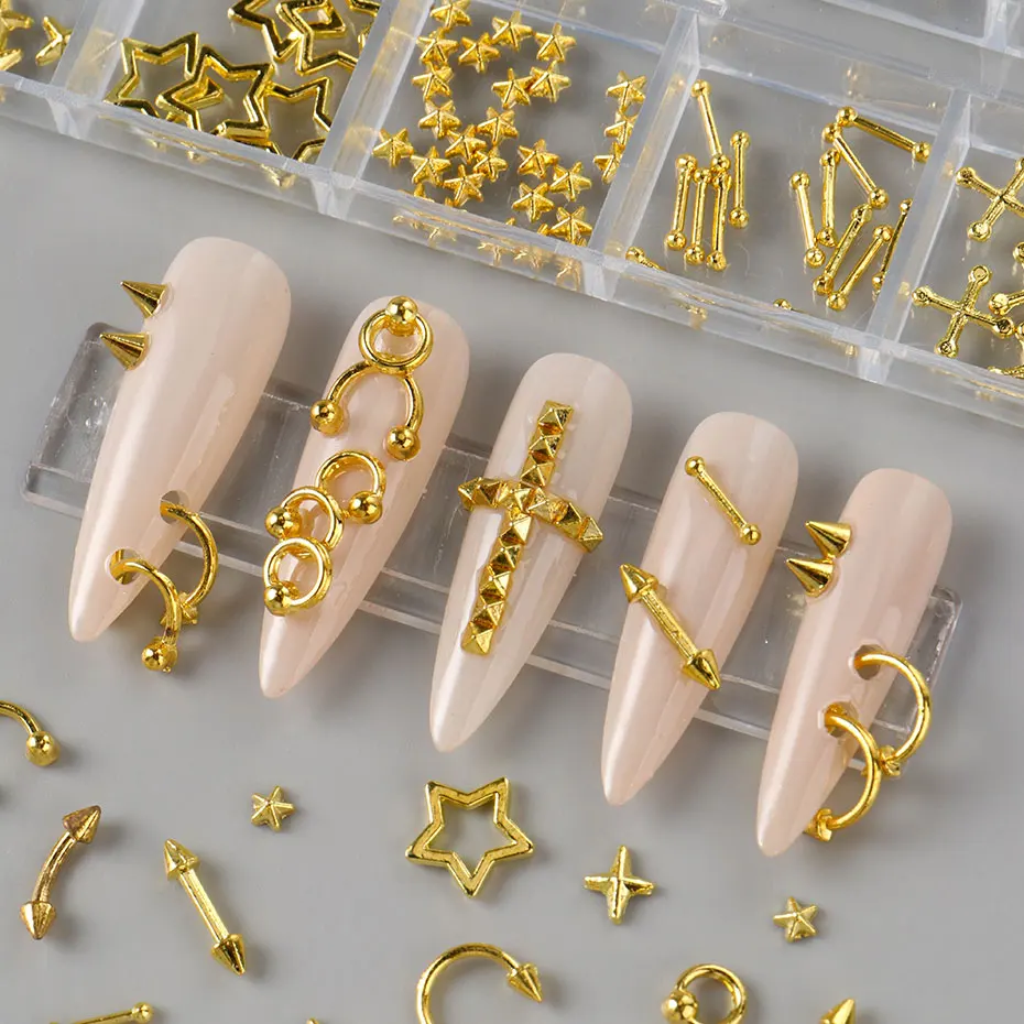 12 Grids Y2K Silvery Golden Punk Alloy Nail Charms Metal Rivets Punk Style Pierced Rivets Nail Decor Korean Manicure Accessories view 4