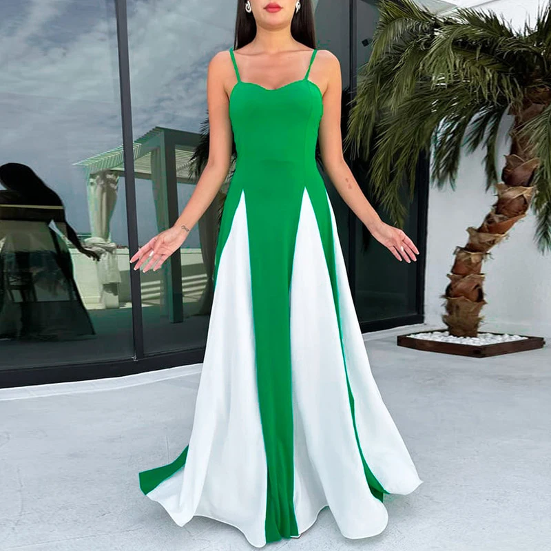 

Sexy Off Shoulder Sleeveelss Waist Long Dress Women Elegant Contrasting Color Suspender Dress Fashion Pleated Slim Party Dresses