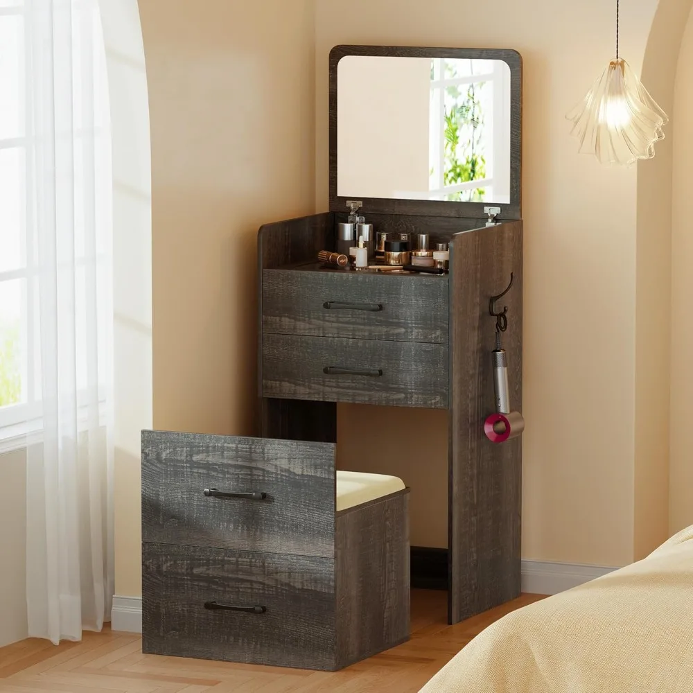 

3 in 1 Vanity Desk with Flip-Top Mirror – Compact Makeup Table w/Glass Desktop & Storage – Small Foldable Dressing Set for Bedro