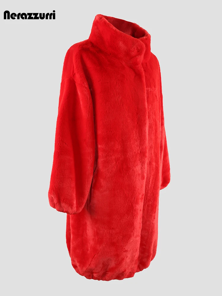 Nerazzurri Winter Long Oversized Red Thick Warm Soft Faux Rex Rabbit Fur Coat Women Stand Collar Loose Casual Korean Fashion