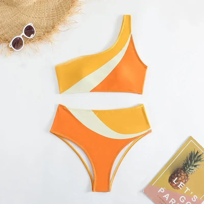 Traje de baño de retazos naranja para mujer, Bikini de 2 piezas de cintura alta, traje de baño sexy sin espalda con un solo hombro, con acolchado, traje de baño para playa