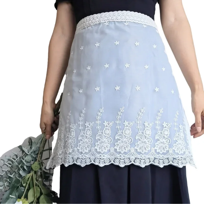 Waterproof Half Apron Home Kitchen Dining Room Bucolic Embroidered Kitchen Apron White Lace Half Waist  Aprons