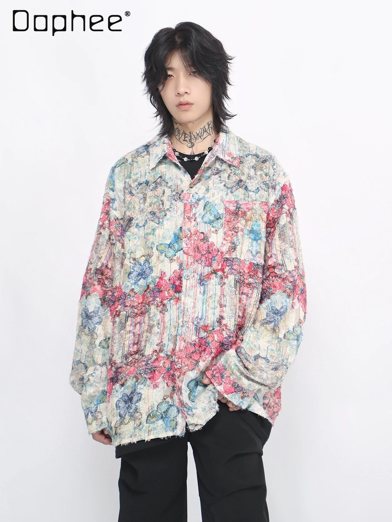 2025 Spring and Autumn New American Retro Design Butterfly Graffiti Print Red and Blue Loose Casual Long Sleeve Shirt