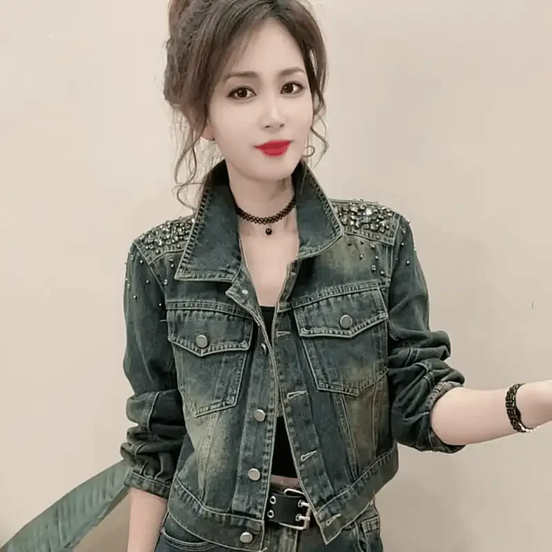 

Стильная женская джинсовая куртка с заклепками, облегающая повседневная одежда в стиле панк, весенне-осенняя одежда