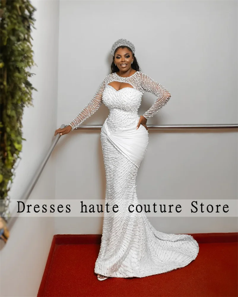 

Aso Ebi Luxurious Mermaid Beaded Lace Wedding Dresses Woemn 2025 Elegant White Pearls Long Sleeve Bridal Gowns Customized