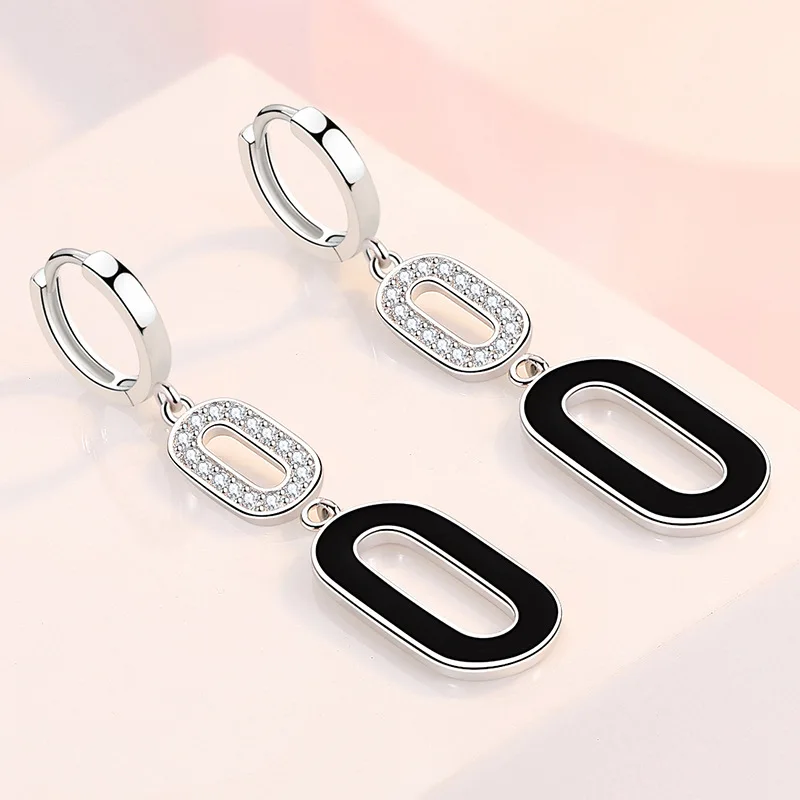 KOFSAC Fashion 925 Sterling Silver Ear Jewelry Lady Temperament Black Geometry Oval Earrings For Women Anniversary Accessories