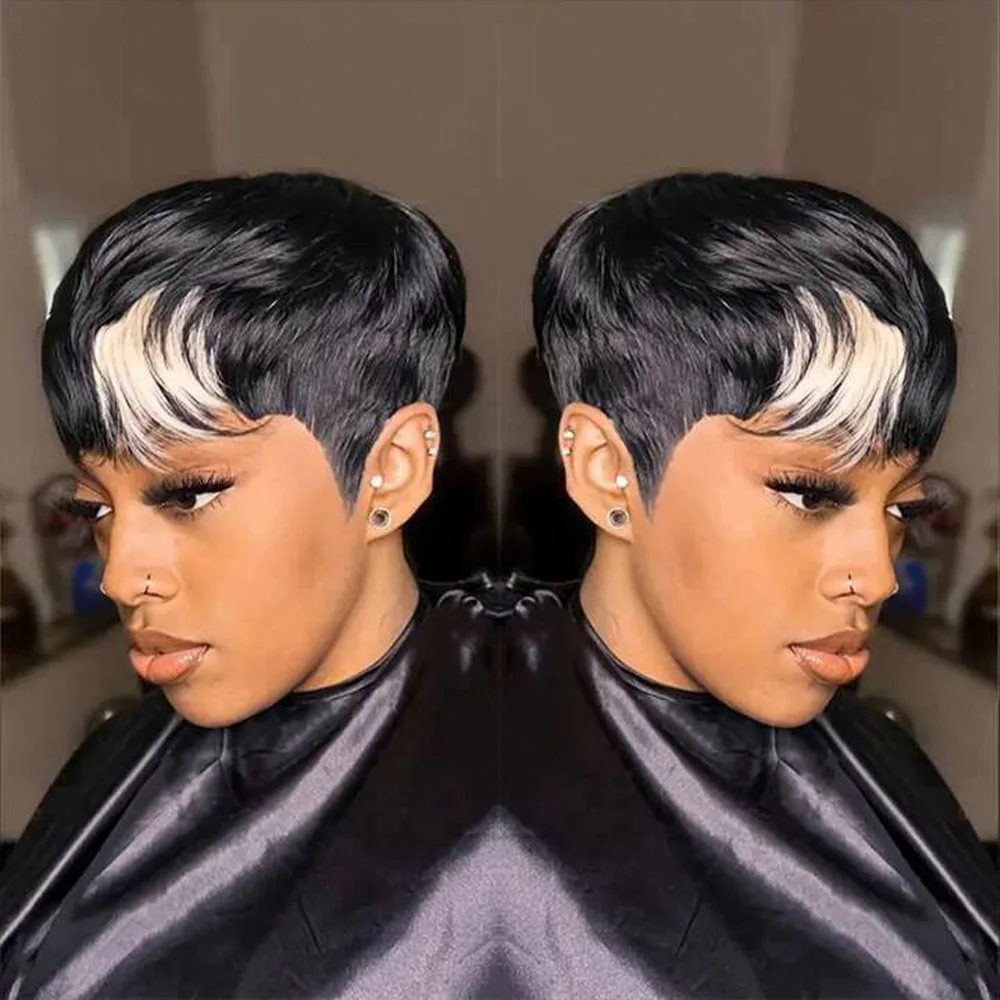 Короткий парик Боб для черно-белого парика с стрижкой пикси с челкой Натуральный черный прямой парик из бразильских волос машинного производства смешанного цвета
