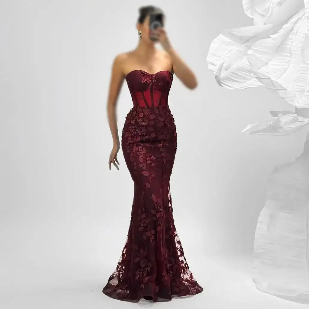 فساتين سهرة بحورية البحر مزينة بالدانتيل من Ofherown بدون حمالات فساتين حفلات الوهم مناسبة خاصة