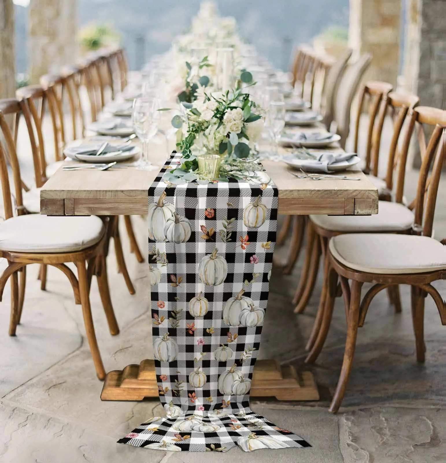 

Autumn White Pumpkins Checkers Sheer Chiffon Table Runner Wedding Party Birthday Tulle Voile Tablecloth