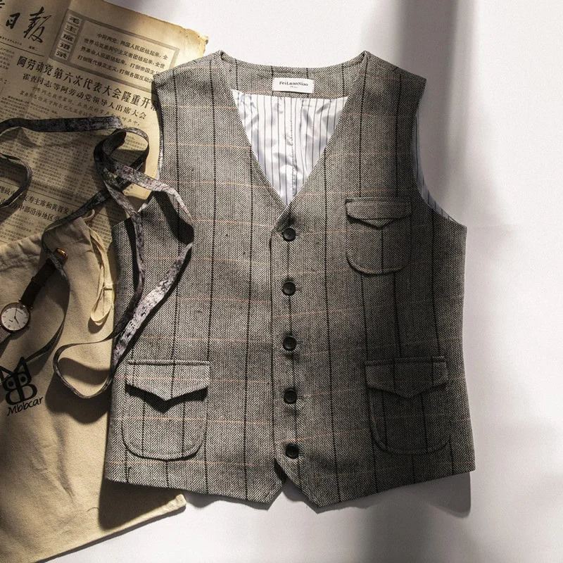 

Autumn and Winter Herringbone Pattern Retro Men's Suit Vest Tweed European and American Khaki British Large Size Warm Vest Trendy
