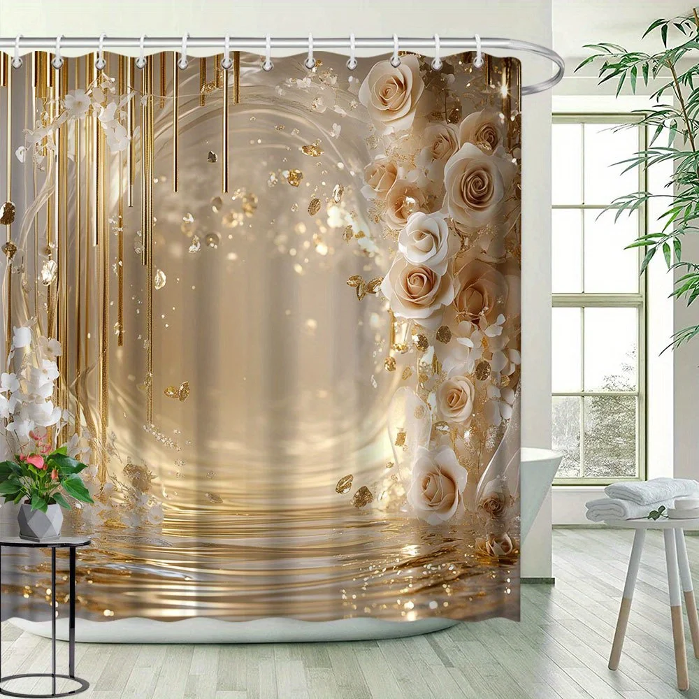 Gold Rose Shower Curtain Elegant Floral Design Luxury Bathroom Decor 3D Print Waterproof Bath Curtain Home Fashion - view 2