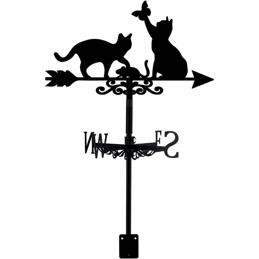 Cats Weathervane Wrought Iron Wind Vane Cats with Butterfly Animal Metal Weather Vane Roof Garden Direction Sign Weathercock