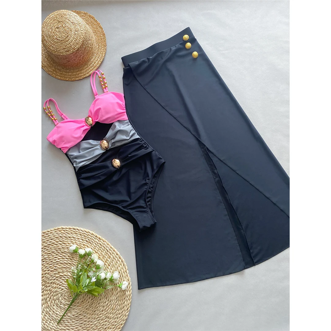 S - XL Sexy, mit Ausschnitten und Knoten versehener Rock, einteiliger Badeanzug, Damen-Badebekleidung, Damen-Badeanzug mit Falten, Badeanzug, Modell V5423. – Detail 10