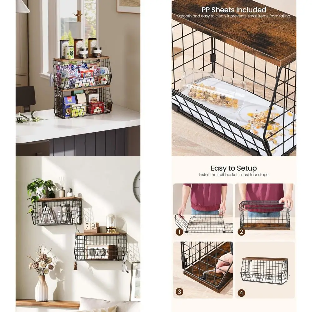 

2-Tier ruit Basket or Kitchen, Stackable wire basket with Wooden Lid, Hanging Basket with 4 Banana Hanger Hooks, or Snack, ruit,