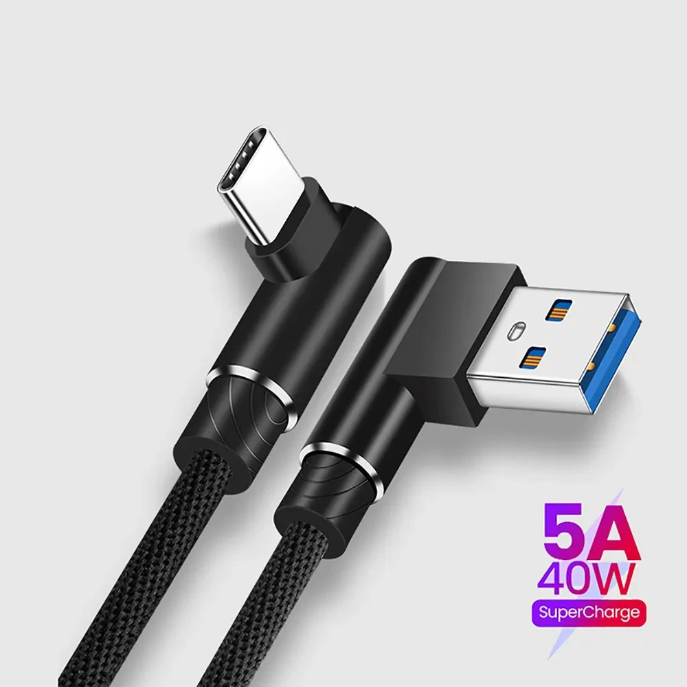40W 5A USB to Type C Cable 90° Fast Charging Braided Data Cable For iPhone Xiaomi Redmi Huawei 1M 2M Quick Charge Game Cord
