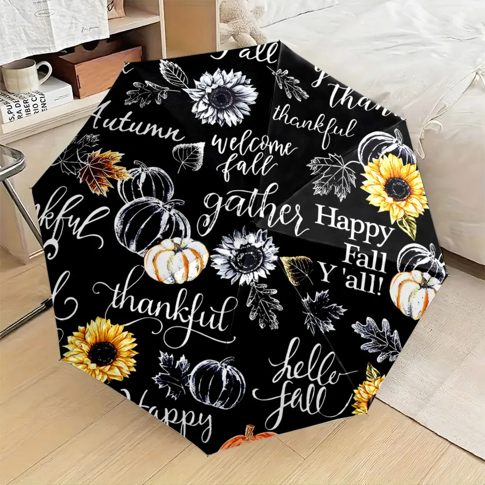 1PC Festive Fall Umbrella with Pumpkins and Sunflowers Print 8 Iron Ribs Folding Umbrella Auto-Open Fashion Sunshade