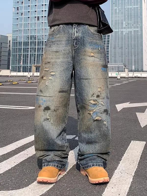 

Waed Distred Spring Autumn Men's Loose Straight Leg Hip Hop Paint Splatter Jeans Faion Urban Casual Cotton Polyester B...