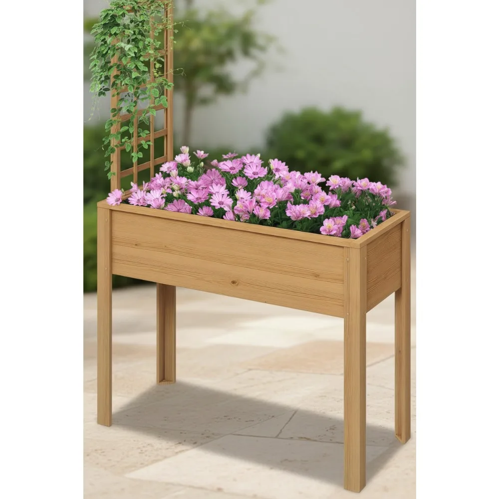 

Elevated Wood Planter Box with Trellis for Climbing Plants, Self-Draining Garden Bed for Vegetables & Flowers