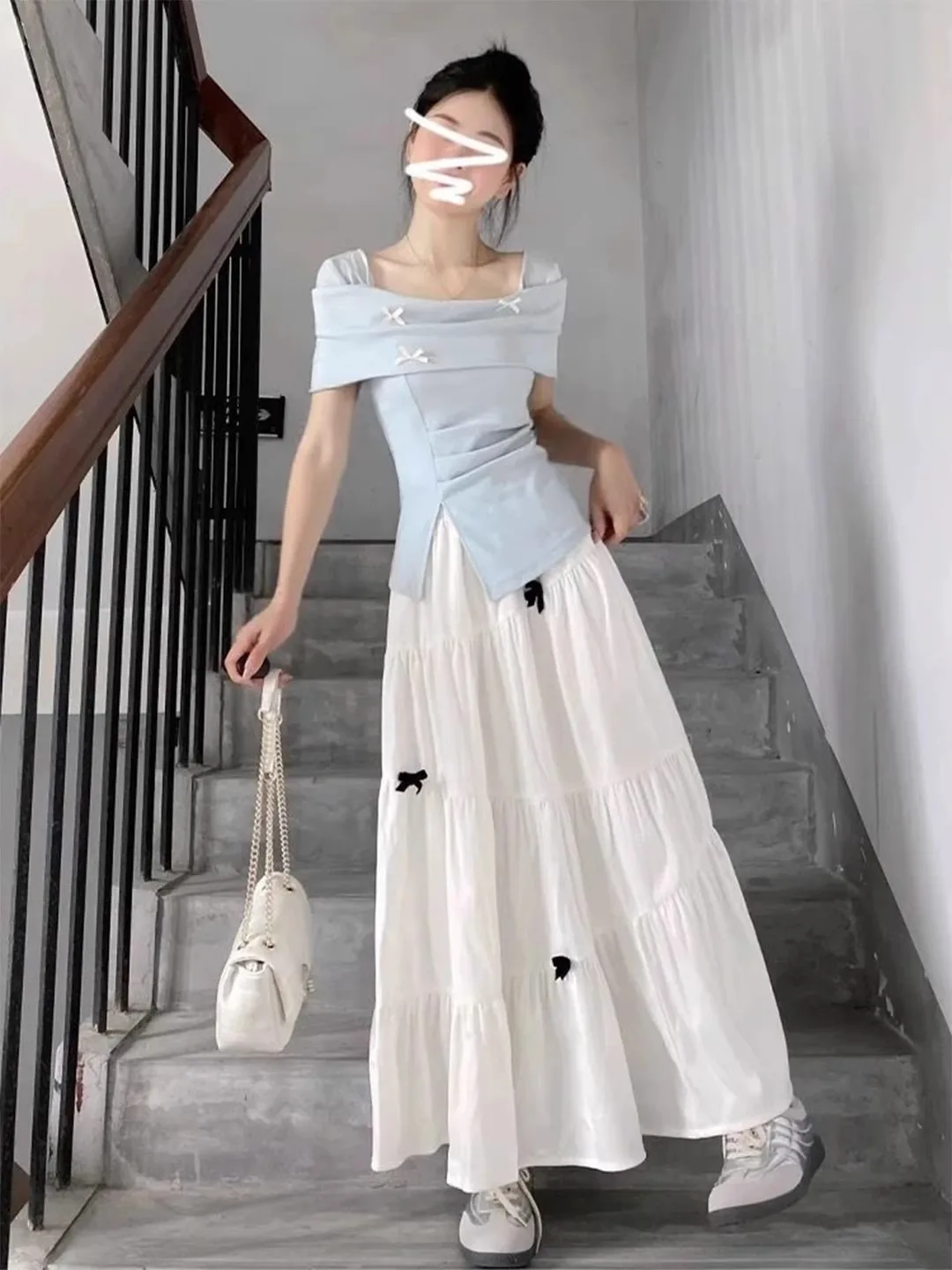 Summer Unique Beautiful Set Dress Women Sweet Blue Short Sleeve White Half Skirt Dress Two Piece Set Korean Style High Waist ...