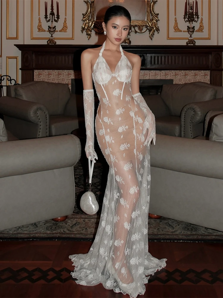 Estranho gato sexy renda 2 peças conjunto feminino halter sem costas jacquard vestido de camada dupla + capa de manga longa coquette elegante clubwear