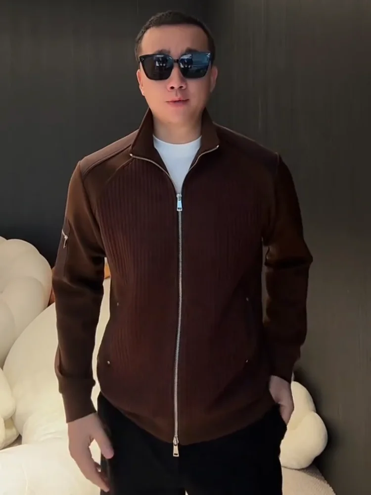 

Men's Autumn Winter Leather Jaet Haome Tailoring Zipper Splicing Proc Stand Fit Long Sve Antimicrobial Jaet