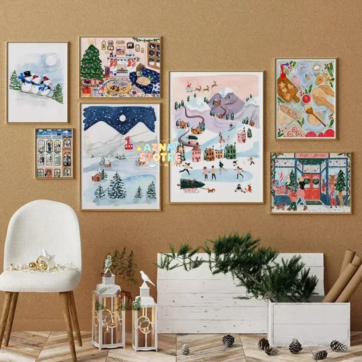Joyful Winter Skiing, Skating, Snowman Poster Printing, Warm Indoor Shop Gathering, Canvas Painting, Home, Bedroom, Shop Deco