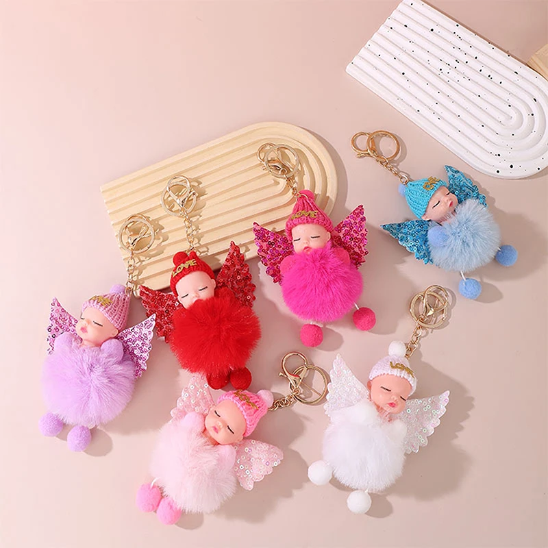 Plush Fluffy Pompom Sleeping Baby Doll Keychain With Sequin Wings Key Hanging Holder Bag For Women Girls Fashion Jewelry Gift