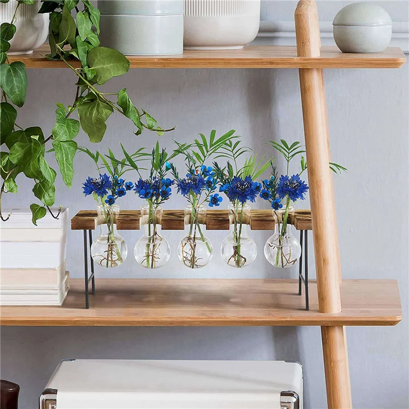 

ABAH-3X Propagation Stations Desktop Air Plant Terrarium, Glass Planter Bulb Glass Vase With Wooden Stand - Plant Terrarium