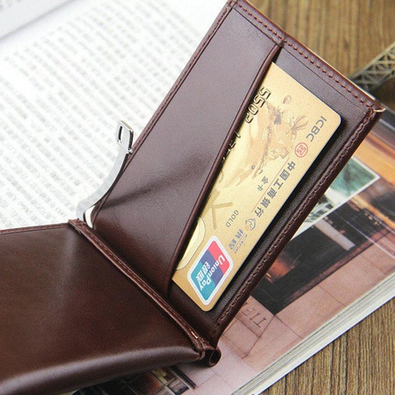 Hot Sale Fashion Men\'s Leather Money Clip Wallet with Magnet Hasp Credit Card Cash Holder Business Short Designer Purse for Male