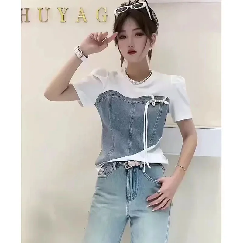 Fashion Denim Stitching Contrast T-Shirt Short Sleeve Women\'s Summer New Niche Design Slim Online Celebrity Shirt