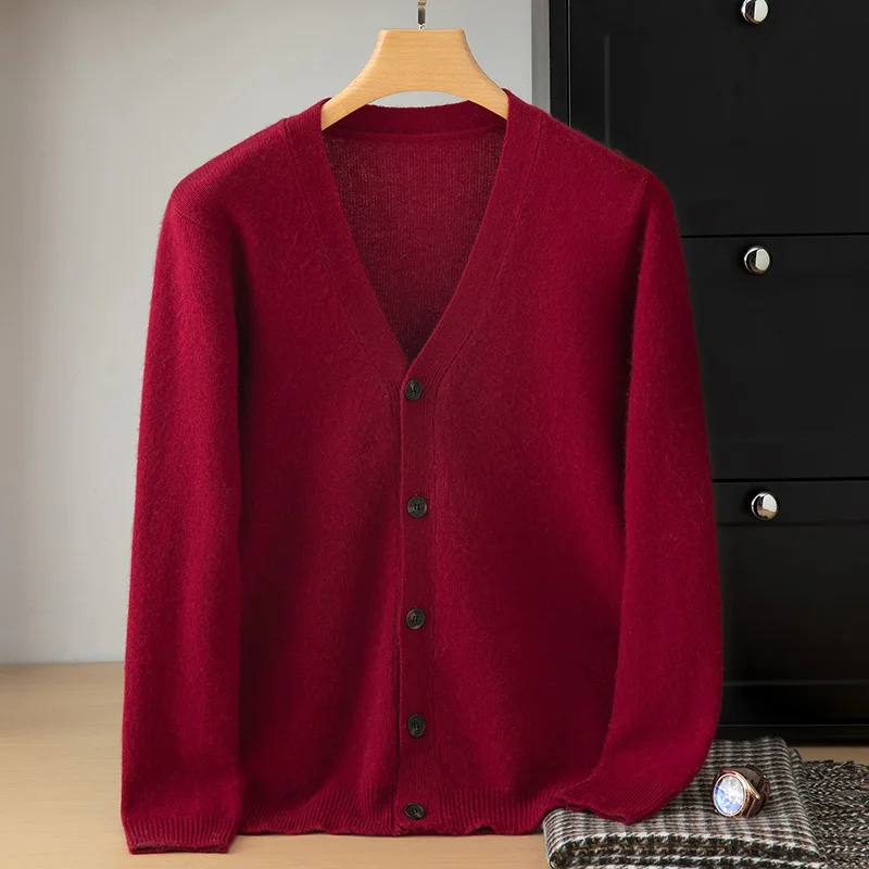 Men's V-Neck Cardigan 100% Cashmere Knit Coat 2026Autumn and Winter New High-Quality Jacket Casual Loose Thicken Bottoming Shirt