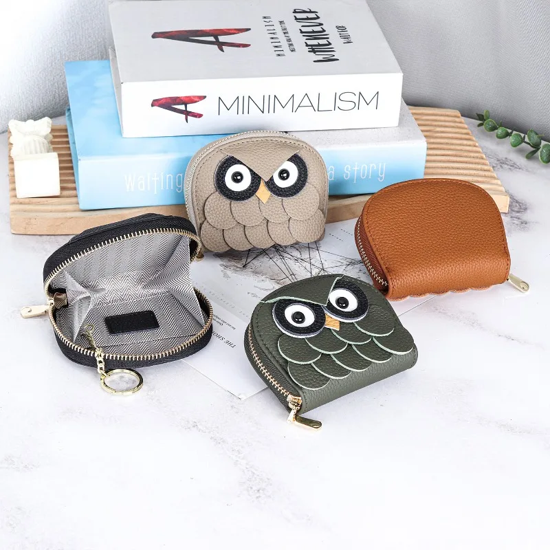 

Togo Genuine Leather Owl Coin Purse, 3D Animal Design Zipper Card Holder with Keyring, Organizer Bag for Cards, Coins, & Earbuds