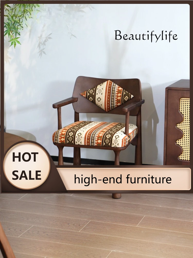 H French Medieval Solid Wood Dining Chair Home Backrest Armrest Casual Single Designer Retro High-end