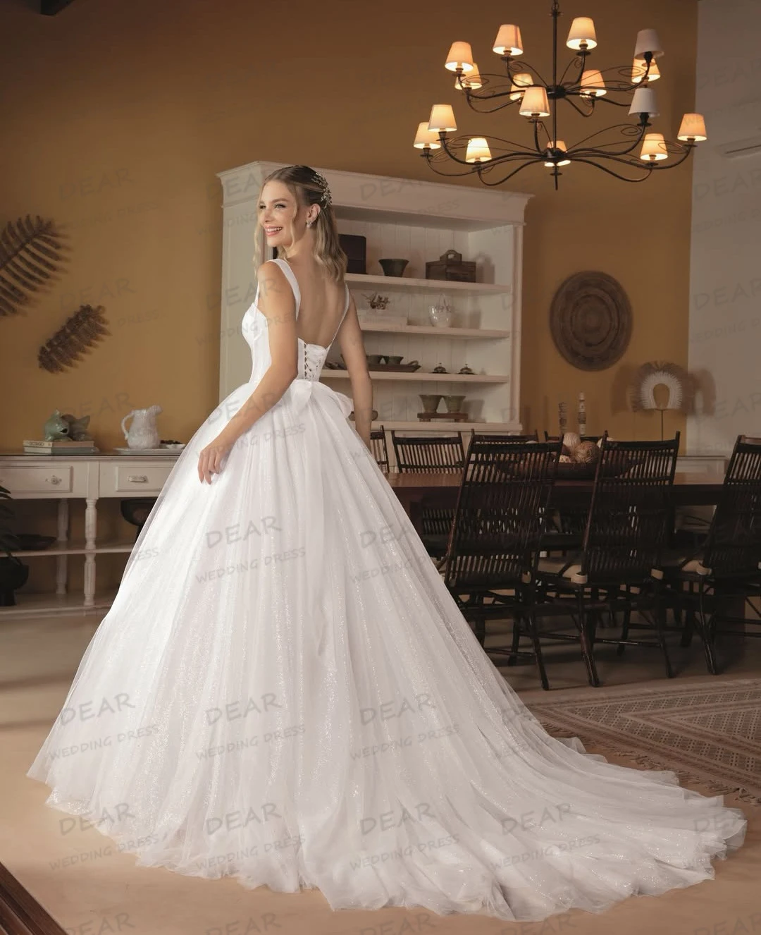 간단한 반짝이는 웨딩 드레스 여성용 A라인 민소매 튤 백리스 레이스업 신부 가운 포멀 베스티도스 데 노비아 맞춤형